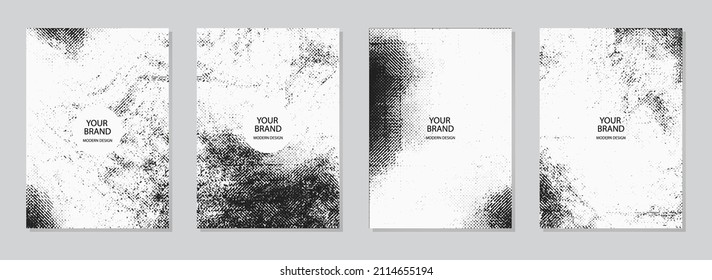 Conjunto de diseño de portada. Antecedentes blancos y negros, textura de grano única. Patrón abstracto geométrico. Colección de plantillas verticales vectoriales para trabajo creativo.
