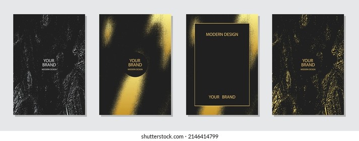 Conjunto de diseño de portada. Colección de plantillas artísticas verticales. Grunge la textura de mármol dorado. Fondos geométricos. Diseño para folleto, catálogo, libro, afiche, volante, invitación con lugar para texto.
