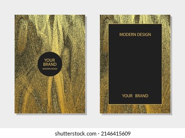 Cover-Design-Set. Sammlung einzigartiger vertikaler Vorlagen. Grunge goldene Marmorstruktur. Geometrische Hintergründe. Design für Broschüre, Katalog, Buch, Poster, Flyer, Einladung mit Platz für Text.