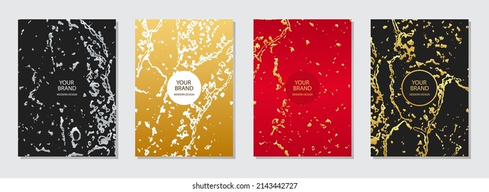 Cover design set. Collection of vertical templates. Grunge golden marble texture. Geometric abstract backgrounds. Stylish idea for the design of brochure, catalog, book, poster, flyer, invitation.