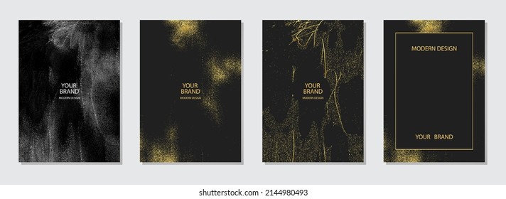 Cover design set. Collection of vertical templates. Grunge golden marble texture. Geometric minimalistic black backgrounds. Topical design solution for brochure, catalogue, book, poster, flyer.