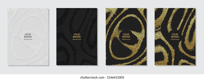 Cover design set. Collection of vertical templates. Grunge golden marble texture. Geometric embossed backgrounds. Design for brochure, catalog, book, poster, flyer, invitation with place for text.
