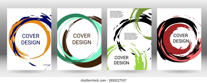Diseño de portada. Conjunto de cubiertas. Pintar golpes. Fondo A4 con trazos multicolores. Plantilla de diseño para el diseño de carteles, carteles, folletos, informes, revistas. EPS 10
