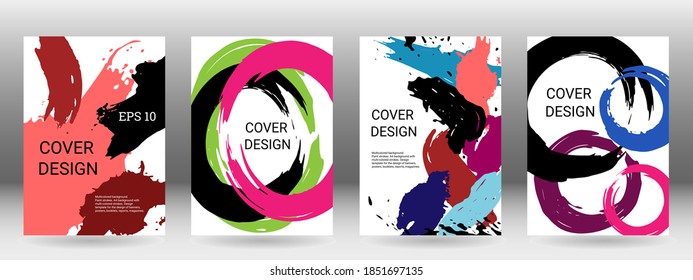 Diseño de portada. Conjunto de cubiertas. Pintar golpes. Fondo A4 con trazos multicolores. Plantilla de diseño para el diseño de carteles, carteles, folletos, informes, revistas. EPS 10