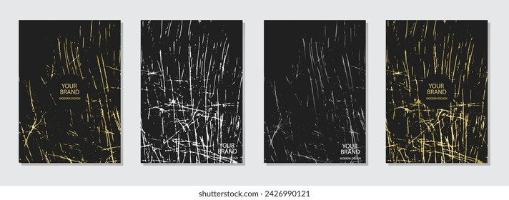 Cover Design Set. Dekorative Hintergründe, goldene Marmor-Grunge-Textur, Riss. Geometrisches abstraktes Muster. Sammlung vertikaler Vorlagen. Kreativ für moderne Kreativität.