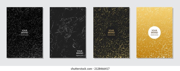 Cover design set. Dynamic backgrounds, golden grunge texture, vertical templates collection. Geometric pattern with glitters. Creative decoration for brochure, catalog, book, poster, flyer design.