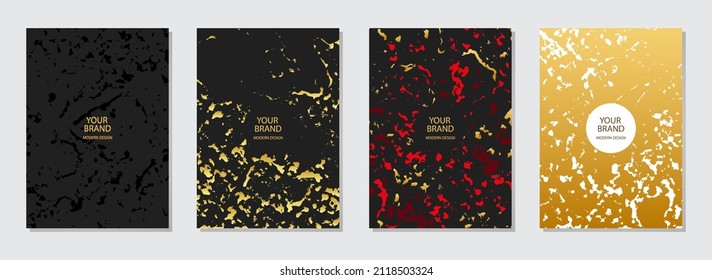 Cover design set. Elegant black and gold backgrounds, grunge texture, vertical templates. Geometric pattern with sparkles, spots. Actual design for brochure, catalog, book, poster, flyer.