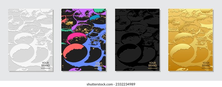 Cover design set. Exotic abstract backgrounds, marble grunge texture, crack. Geometric 3d embossed, golden pattern. Modern collection of vector vertical templates for creativity, brochure, notebook 