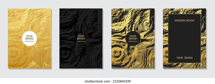Cover design set. Geometric abstract backgrounds, 3d pattern of lines and spots, golden grunge texture, vertical templates. Design and decoration for brochure, catalog, book, poster, flyer.