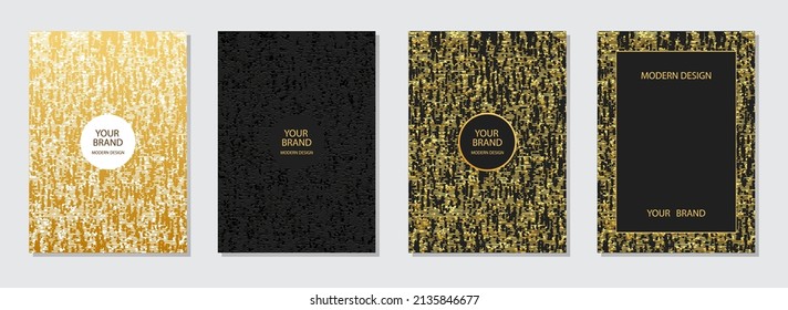 Cover design set. Geometric backgrounds, 3d pattern of lines, stripes and spots, golden grunge texture, vertical templates. Design and decoration for brochure, catalog, book, poster, flyer, invitation