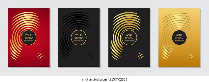 Cover design set. Geometric colorful backgrounds, 3d pattern of lines and circles, golden grunge texture, vertical templates. Trendy design for brochure, catalog, book, poster, flyer, invitation.