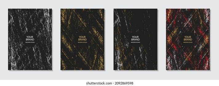 Cover design set. Geometric gold, white pattern, black backgrounds. Vector original grunge collection. Vertical templates for catalog, brochure template, magazine layout, booklet.
