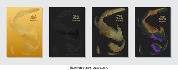 Cover design set. Geometric modern backgrounds, 3d pattern of lines and circles, golden grunge texture, vertical templates. Trendy design for brochure, catalog, book, poster, flyer, invitation.