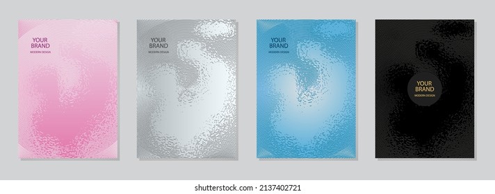 Cover design set. Geometric satin backgrounds, 3d pattern of lines, spots and circles, grunge texture, vertical templates. Trendy design for brochure, catalog, book, poster, flyer, invitation.