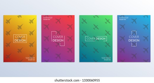 Cover Design set with gradient and planes background. Modern Covers template with airplanes for poster, corporate brochure, book, catalog, flyer. Vector illustration.