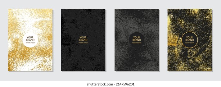 Cover-Design-Set. Grunge Textur mit einem Muster von goldenen Funkeln und Blüten. Geometrische Hintergründe. Kollektion von vertikalen Vorlagen für Broschüren, Katalog, Buch, Flyer, Einladung, Grunge Poster.