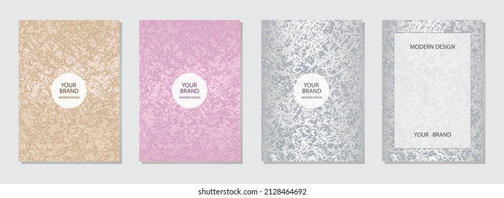 Cover design set. Light satin backgrounds, grunge texture, collection of vertical templates with frame for text. Creative decoration for brochure, catalog, book, poster, flyer design.