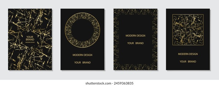 Cover design set. Luxury backgrounds, marble golden grunge texture, stains. Geometric abstract pattern. Collection of vertical templates. Relevant for modern creativity, design and decor.