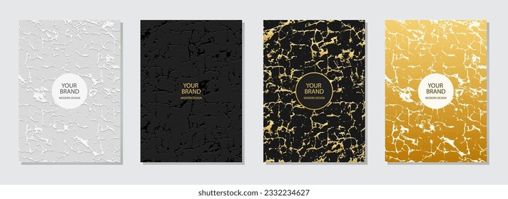 Conjunto de diseño de portada. Fondo abstracto moderno, textura de mármol gris, crack. Patrón geométrico 3d estampado, dorado. Colección moderna de plantillas verticales vectoriales para creatividad, folleto, bloc de notas