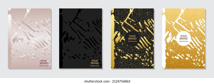 Cover design set. Modern avant-garde backgrounds, golden grunge texture, vertical patterns. Geometric 3d pattern with abstract shapes. Topical idea for brochure, catalog, book, poster, flyer design. 