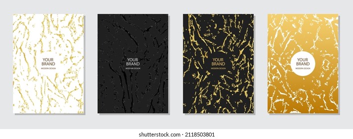 Cover design set. Modern backgrounds, grunge texture, vertical templates. Geometric gold pattern with sparkles, spots, lines. Actual design for brochure, catalog, book, poster, flyer. 