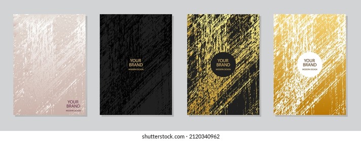 Cover design set. Modern backgrounds, grunge texture, abstract vertical patterns. Geometric golden pattern with lines. Actual design for brochure, catalog, book, poster, flyer.