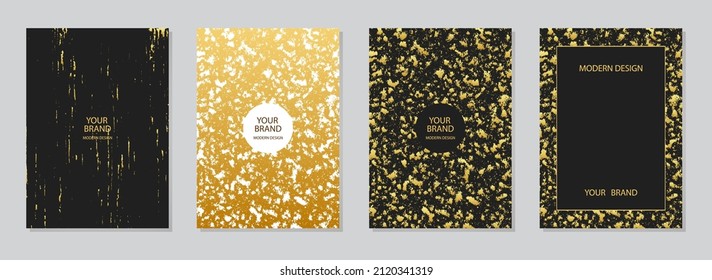 Cover design set. Modern backgrounds, grunge texture, artistic vertical patterns. Geometric gold pattern with sparkles, spots, lines. Actual design for brochure, catalog, book, poster, flyer.
