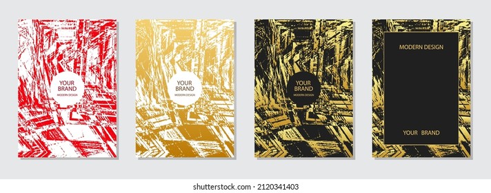 Conjunto de diseño de portada. Fondos modernos, textura de tonos dorados, plantillas verticales vanguardistas. Patrón geométrico con formas abstractas. Diseño real para folleto, catálogo, libro, cartel, volante.