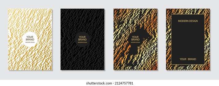 Cover design set. Modern stylish backgrounds, golden grunge texture, vertical templates. Geometric embossed 3D pattern. Topical idea for brochure, catalog, book, poster, flyer design.