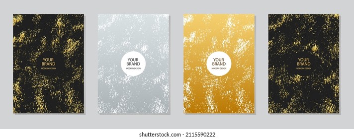 Cover design set. Multicolored backgrounds, unique golden grunge texture. Geometric pattern with sparkles and scratches. Collection of vector vertical templates for creative work.