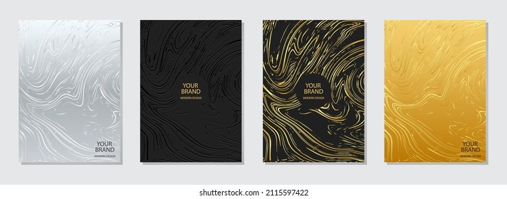 Cover design set. Multicolored backgrounds, unique golden grunge texture with sparkles and scratches. Geometric 3d pattern of lines. Collection of vector vertical templates for creative work.