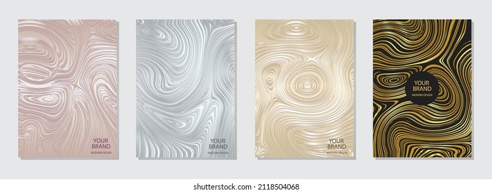 Cover-Design-Set. mehrfarbige satingeprägte Hintergründe, grunge Marmorstruktur, vertikale Vorlagen. Geometrisches goldenes 3D-Muster. Tatsächliches Design für Broschüre, Katalog, Buch, Poster, Flyer.