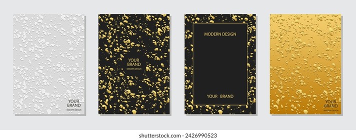Cover design set. Stylish backgrounds, marble golden grunge texture, stains. Geometric abstract pattern. Collection of vertical templates. Creative for modern creativity.
