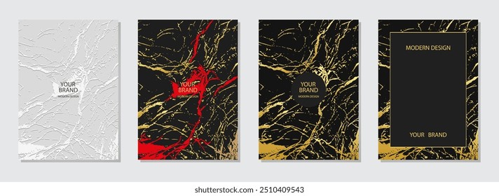Cover design set. Texture backgrounds, gold texture, embossed. Geometric marble 3d pattern with spots, cracks, scratches. Stylish collection, grunge overlay layer. Vertical templates. 