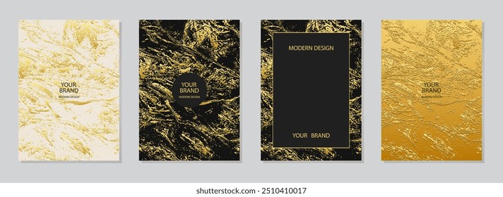 Cover design set. Texture backgrounds, gold texture, embossed. Geometric marble 3d pattern with spots, cracks, scratches. Luxury collection, grunge overlay layer. Vertical templates.