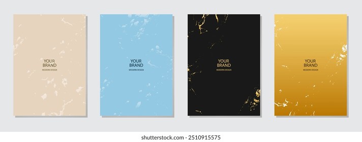 Cover design set. Textured colorful marble backgrounds, gold texture. Geometric abstract pattern with spots, cracks, scratches. Art collection, grunge overlay layer. Vertical templates.