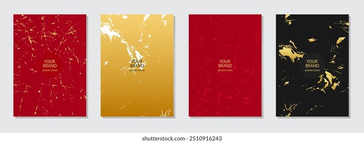 Cover design set. Textured colorful marble backgrounds, gold texture. Geometric abstract pattern with spots, cracks, scratches. Original collection, grunge overlay layer. Vertical templates.