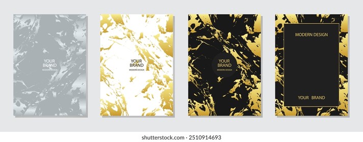 Cover Design Set. Strukturierte Marmorhintergründe, goldene Textur. Geometrisches abstraktes Muster mit Flecken, Rissen, Kratzern. Kunstsammlung, Grunge-Overlay-Schicht. Vertikale Vorlagen.