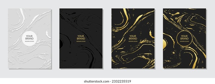 Cover design set. Trendy abstract backgrounds, marble grunge texture, crack. Geometric 3d embossed, golden pattern. Modern collection of vector vertical templates for creativity, brochure, notebook 