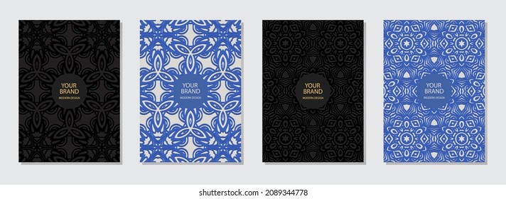 Diseño de portada, plantillas vectoriales verticales de moda. Patrón 3D floral geométrico, colección étnica de fondos en relieve con elementos de arte folclórico.
