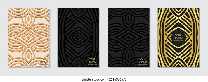 Conjunto de diseño de portada, plantillas verticales vectoriales. Antecedentes de color negro y beige. Patrón geométrico dorado 3d de líneas. Una etnia única de los pueblos de la India oriental, México, los aztecas.