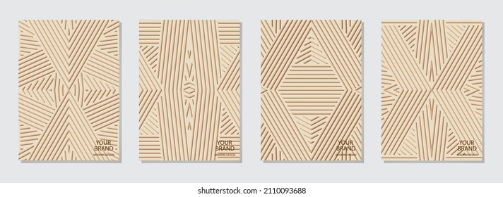 Cover design set, vertical templates. Geometric abstract 3D pattern from lines, collection of embossed beige backgrounds. Ethnic culture of East Indian, Mexican, Aztec peoples.