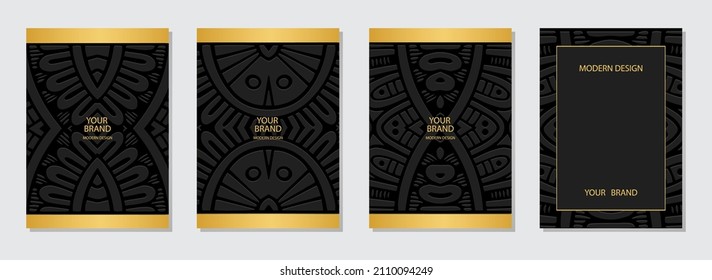 Cover design set, vertical templates. Geometric elegant 3D pattern, frame for text. Collection of embossed black backgrounds. Ethnic culture of East Indian, Mexican, Aztec peoples.