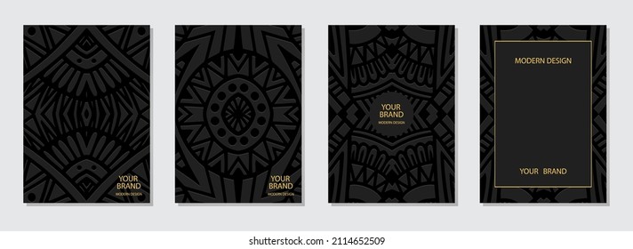 Cover design set, vertical templates. Collection of embossed black backgrounds, frame for text and advertising. Geometric exotic 3d pattern. A unique ethnic group of the peoples of the East, India.