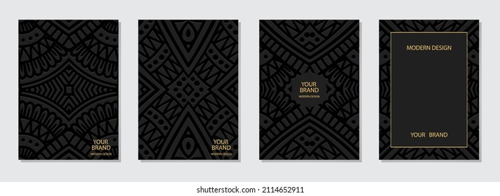 Conjunto de diseño de portada, plantillas verticales. Colección de fondo negro con relieve, marco para texto y publicidad. Patrón 3d geométrico abstracto. Un grupo étnico único de los pueblos del Este, India.