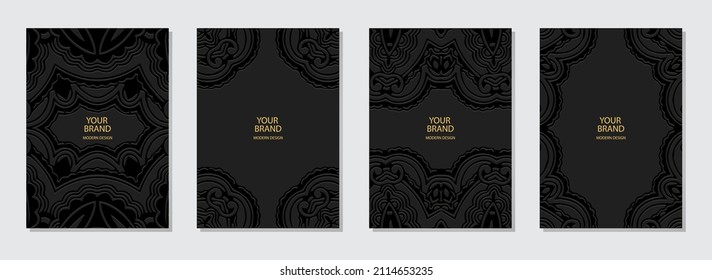 Cover design set, vertical templates. Collection of embossed black backgrounds, frame for text and advertising. Geometric decorative 3d pattern. A unique ethnic group of the peoples of the East, India
