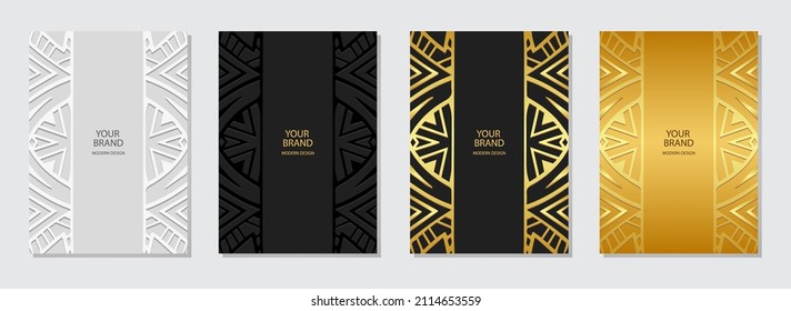 Cover design set, vertical templates. Collection of colorful backgrounds, frame for text and advertising. Geometric artistic 3d pattern. A unique ethnic group of the peoples of the East, India, Mexico