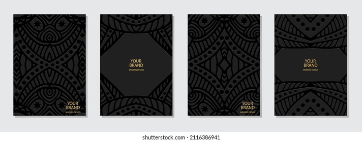 Cover design set, vertical templates. Collection of embossed black backgrounds, insert for text. Geometric ethnic 3d pattern. Unique handmade style of the peoples of the East, India, Mexico, Aztecs.