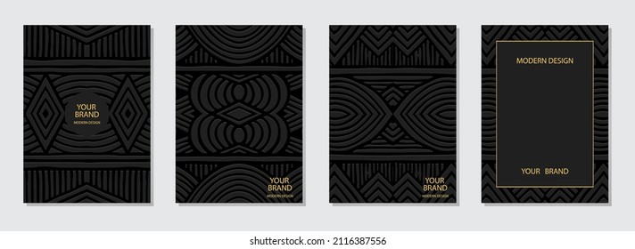 Cover design set, vertical templates. Collection of embossed black backgrounds, insert for text. Geometric ethnic 3d pattern. Decorative handmade style of the peoples of the East, India, Mexico, Aztec