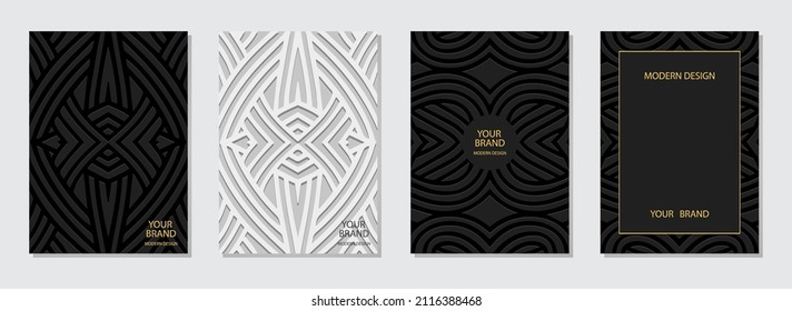 Cover design set, vertical templates. Collection of vintage embossed black and white backgrounds. Geometric ethnic 3d pattern. Handmade style of the peoples of the East, India, Mexico, Aztecs.